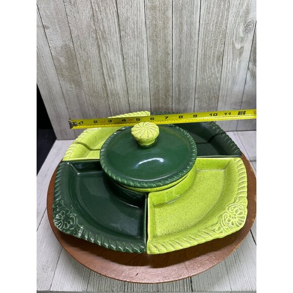 Vtg California Pottery Chips N Dip Lazy Susan Light & Dark Green Serving Set USA - Picture 9 of 9